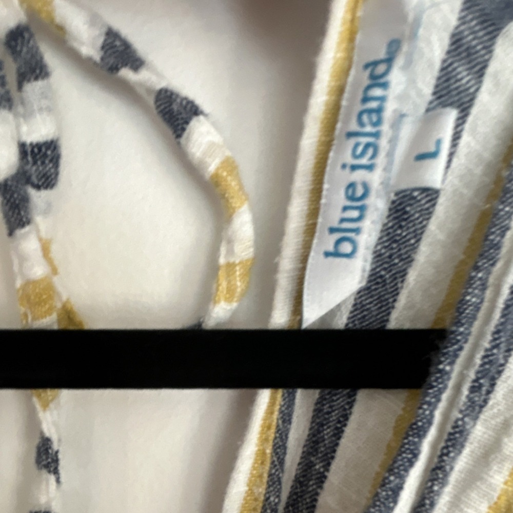 Blue Island Striped Cotton shirt Yellow/Navy/White Tie Closure, L - Picture 3 of 4
